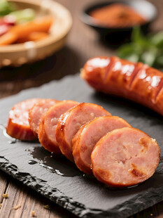 切片美味香肠摆于石板上