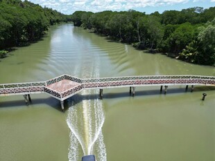 河流上的桥梁与喷泉景观