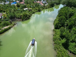 航拍河流上的白色桥梁