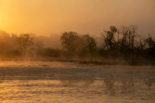 日出下的河畔朦胧美景