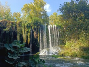 自然瀑布景观 绿意环绕