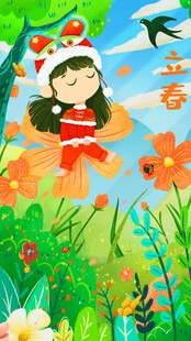 春日女孩于花丛中起舞