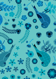 蓝绿色调花鸟植物图案