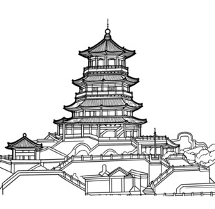 中式古塔建筑线稿图
