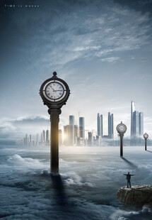 海上奇幻时钟与城市景观