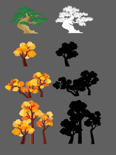 秋季树木剪影与彩色树集合  