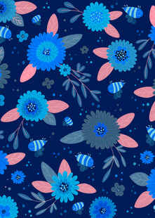 深蓝底多彩花卉图案