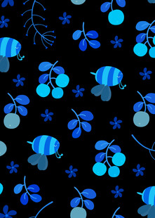蓝色浆果花卉黑色背景图案