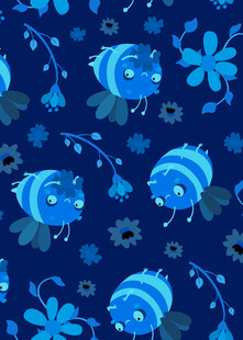 蓝色小鱼花卉无缝图案