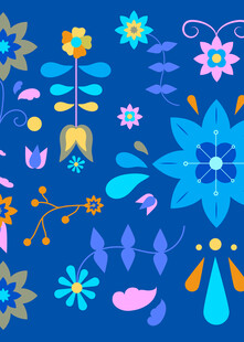 蓝色背景多彩花卉图案