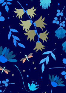 深蓝背景下的花卉昆虫图案