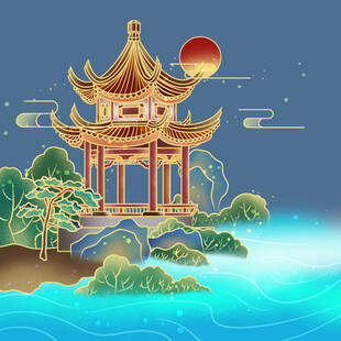 国潮鎏金亭子太阳插画元素
