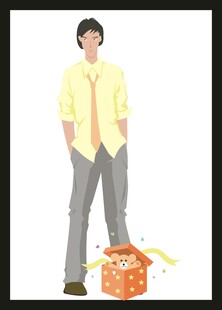 男子身旁的橙色惊喜礼盒