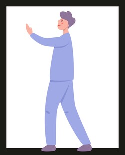 行走中挥手的蓝衣男子