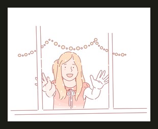 窗边金发女孩惊喜张望