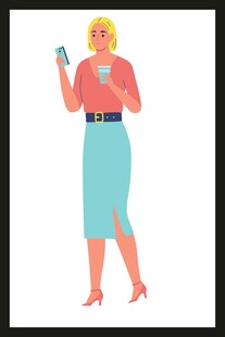 时尚女士手持手机与咖啡