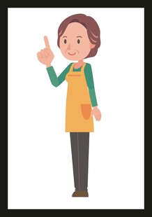 围裙女士指向上方示意