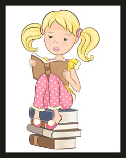 小女孩坐书堆开心阅读