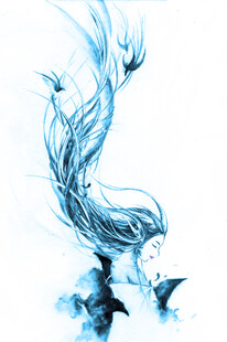 蓝色水墨风格奇幻飞鸟图案