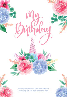 独角兽生日花卉装饰图案
