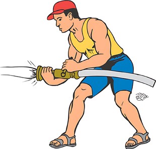 男子奋力操控高压水管