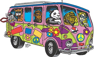 多彩卡通图案的复古面包车