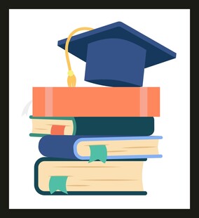 毕业帽下的知识书籍堆
