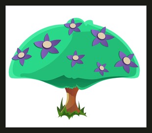 蘑菇形绿植上绽放紫色花朵