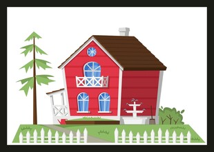 红色小屋旁的绿树与围栏