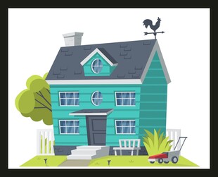 蓝色小屋的温馨田园景象