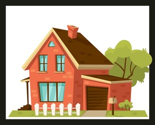 可爱红砖小屋与绿树围栏