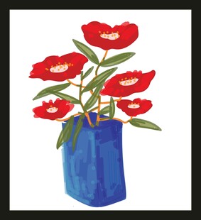 蓝色花瓶中的红色花朵