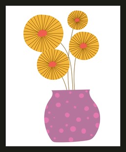 紫色花瓶插着黄色花朵