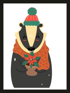 戴帽獾手持盆栽插画