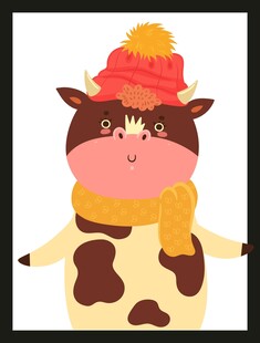 戴帽围巾的可爱卡通小牛