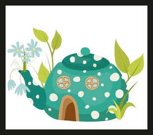 童话风绿植茶壶小屋插画