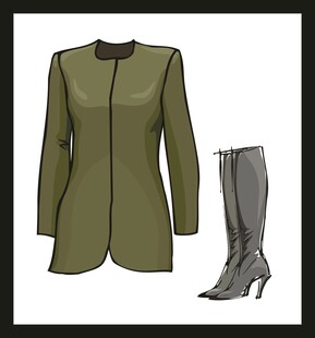 橄榄绿外套配高跟长靴