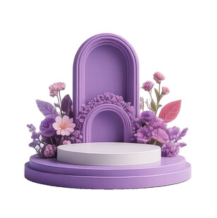 紫色花卉装饰的拱形展示台
