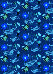 蓝色海洋风鱼群花卉图案