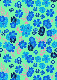 蓝粉花朵绿色背景图案
