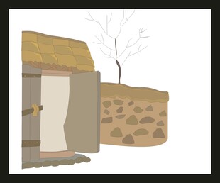 乡村小屋旁的孤独小树