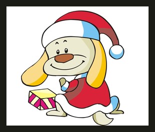 戴圣诞帽的小狗玩礼物