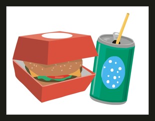 红色餐盒与绿色饮料罐