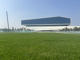 开阔草地旁的现代建筑