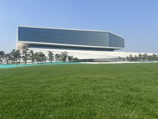 现代建筑前的大片绿草地