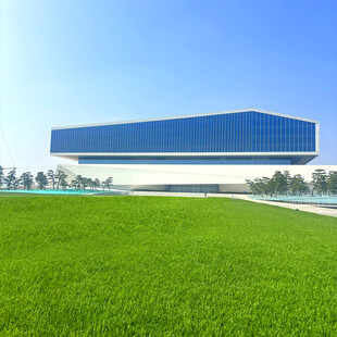 未来感建筑矗立绿草地