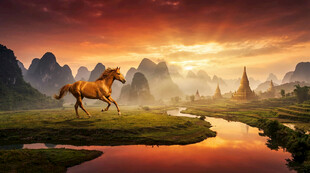 夕阳下骏马驰骋山水间