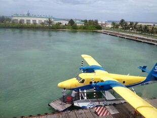 水上停泊的黄蓝相间飞机