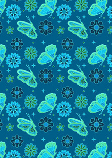 蓝绿色调昆虫花卉图案背景