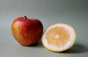 苹果与半颗柠檬静物图